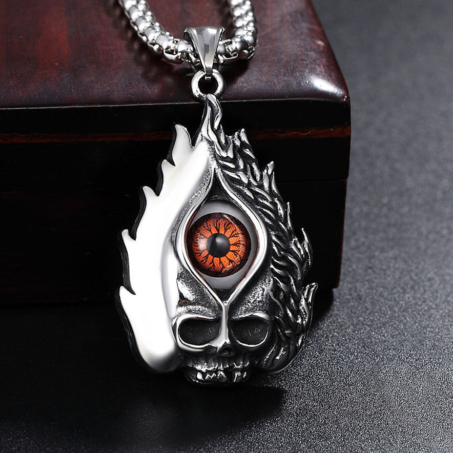 Halloween Vintage Flame Skull Eye Titanium Steel Necklace for Men