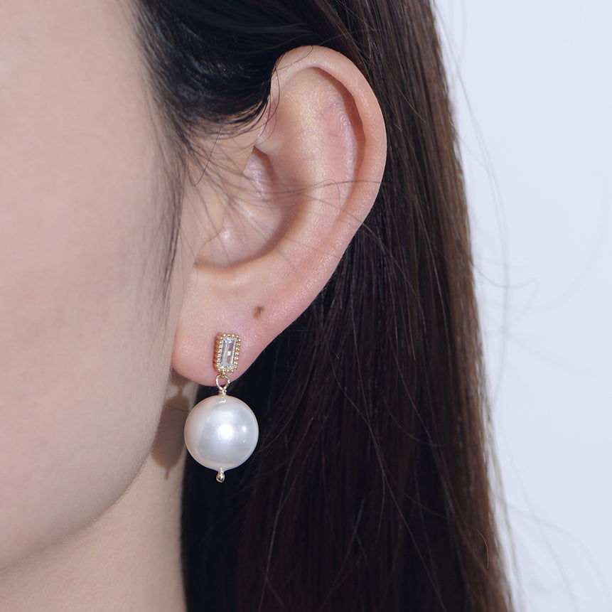 Vintage Round Shell Pearl Emerald Cut Zircon Sterling Silver Drop Earrings