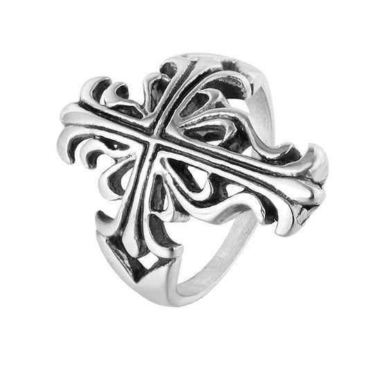 Hollow Long Croix Flower Titanium Steel Ring for Men