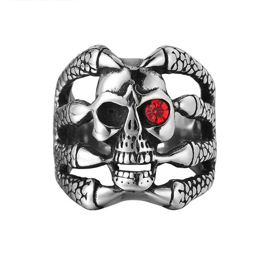 Halloween Ghost Claw Red Zircon Skull Titanium Steel Ring for Men