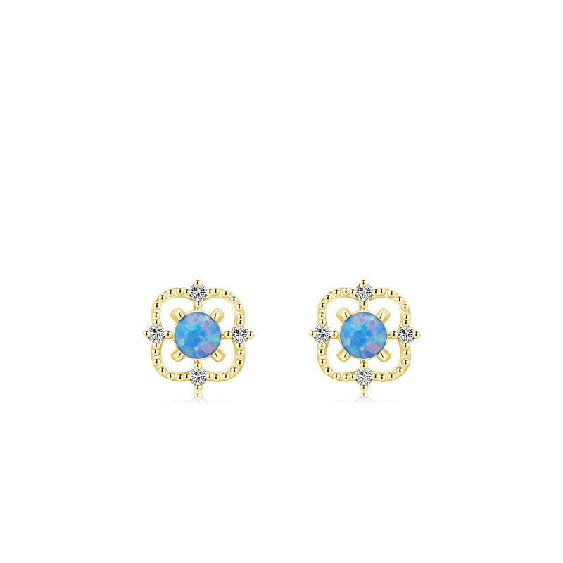 Square Opal and Zircon Sterling Silver Earrings