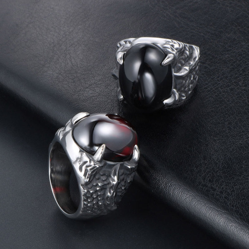 Bold Retro Red and Black Stone Couples Ring - Personalized Titanium Steel Jewelry for Men and Women