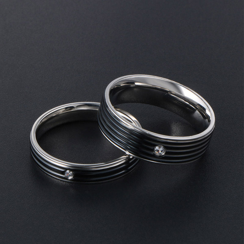 Trendy Titanium Steel Couple Ring with Fashion Stripes and Diamond Accents for Men and Women