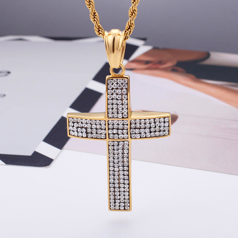 Golden Cross Pendant with Zircon Detail - Men's Stainless Steel Hip Hop Jewelry