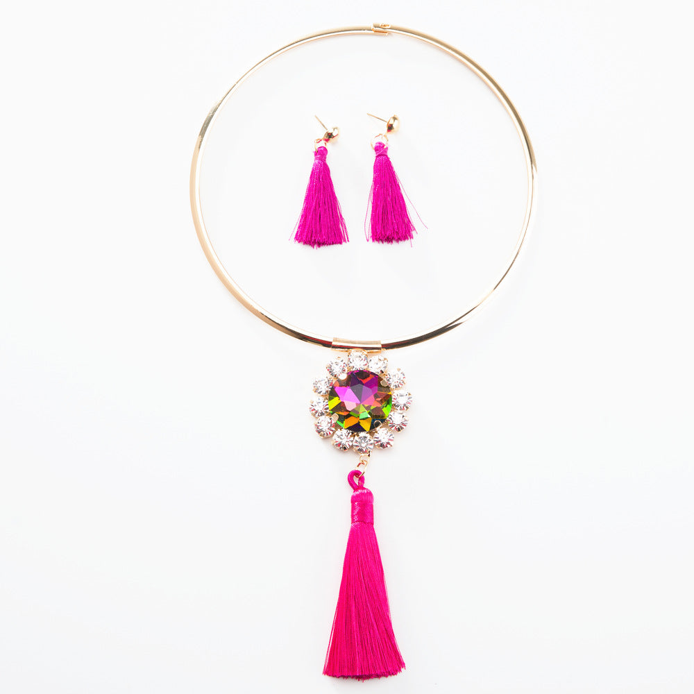 Gemstone Tassel Jewelry Set with Necklace and Earrings