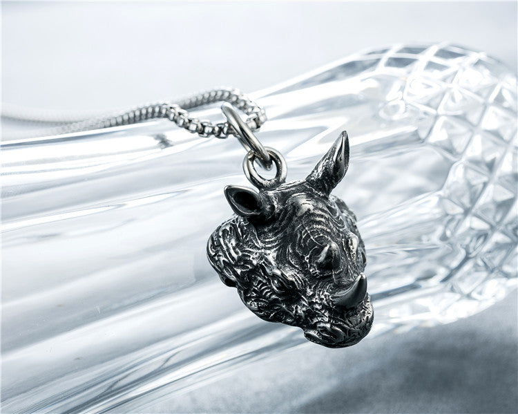 Planderful Rhino Pendant Necklace Titanium Steel Unisex Personalized Protection Statement