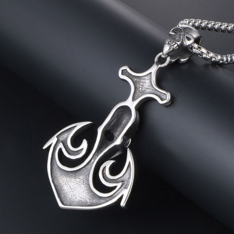 Rebel Men's Punk Skull Pendant Necklace with Boat Anchor Design in Titanium Steel