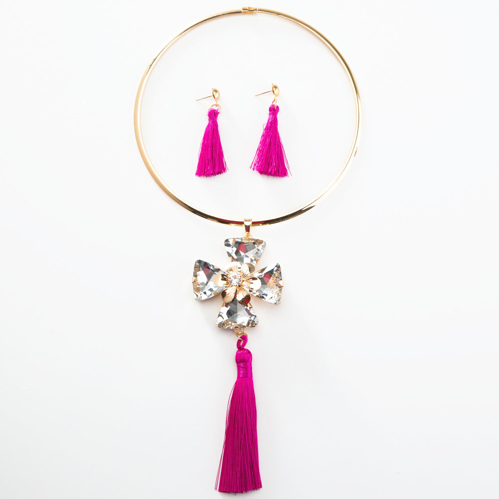Gemstone Flower Tassel Necklace and Earrings Set - Savanna Rhythms Collection