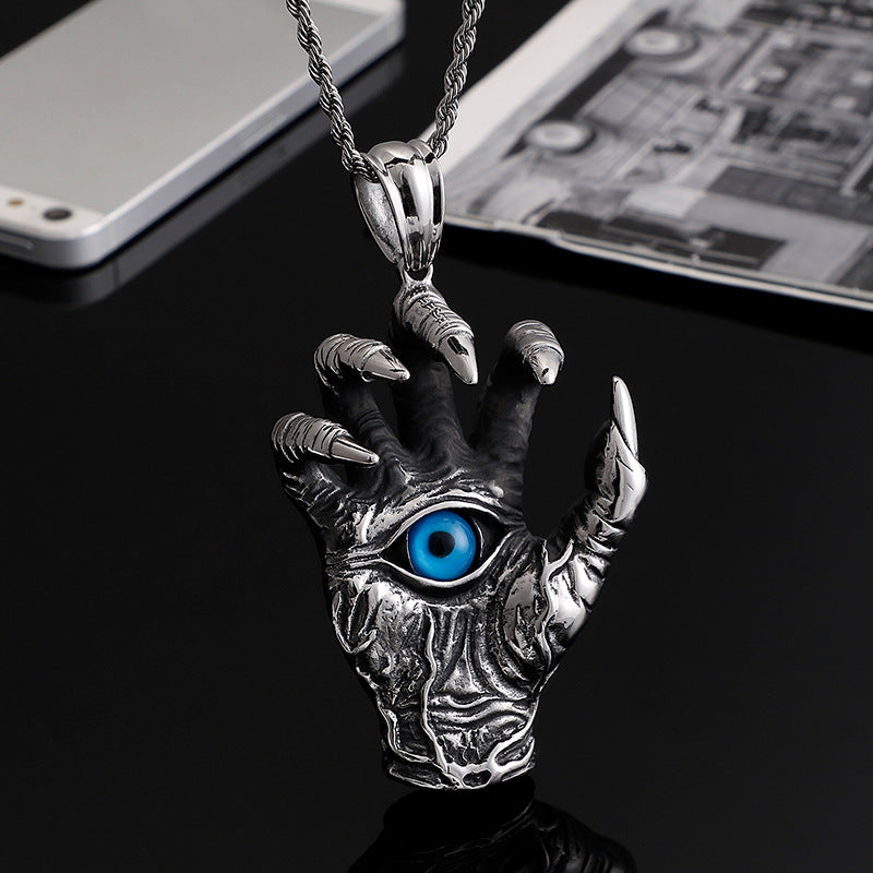 Titanium Steel Devil's Hand Dragon Claw Pendant with Blue Eye for Men