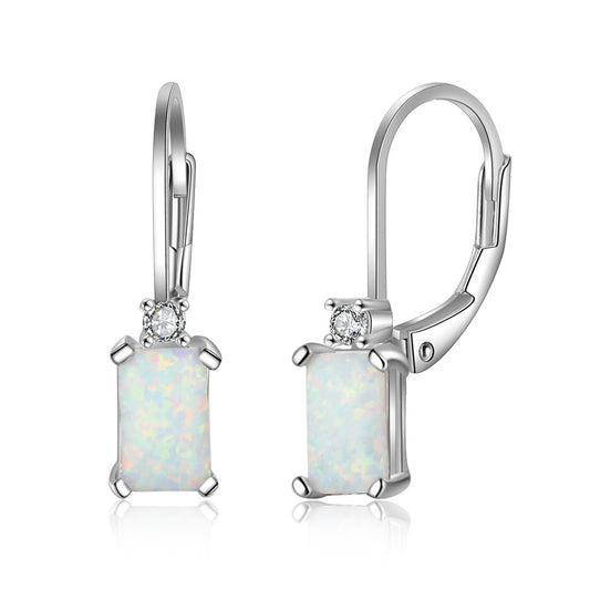 Rectangular Opal Small Zircon Sterling Silver Hoop Earrings