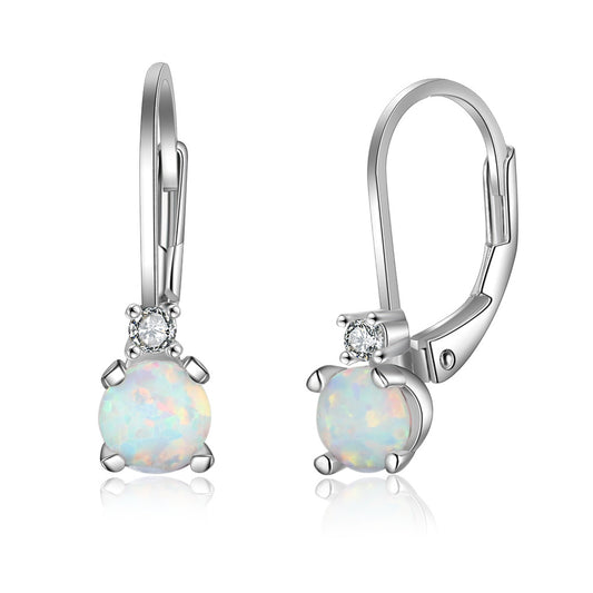 Round Opal with Small Zircon Sterling Silver Hoop Earrings