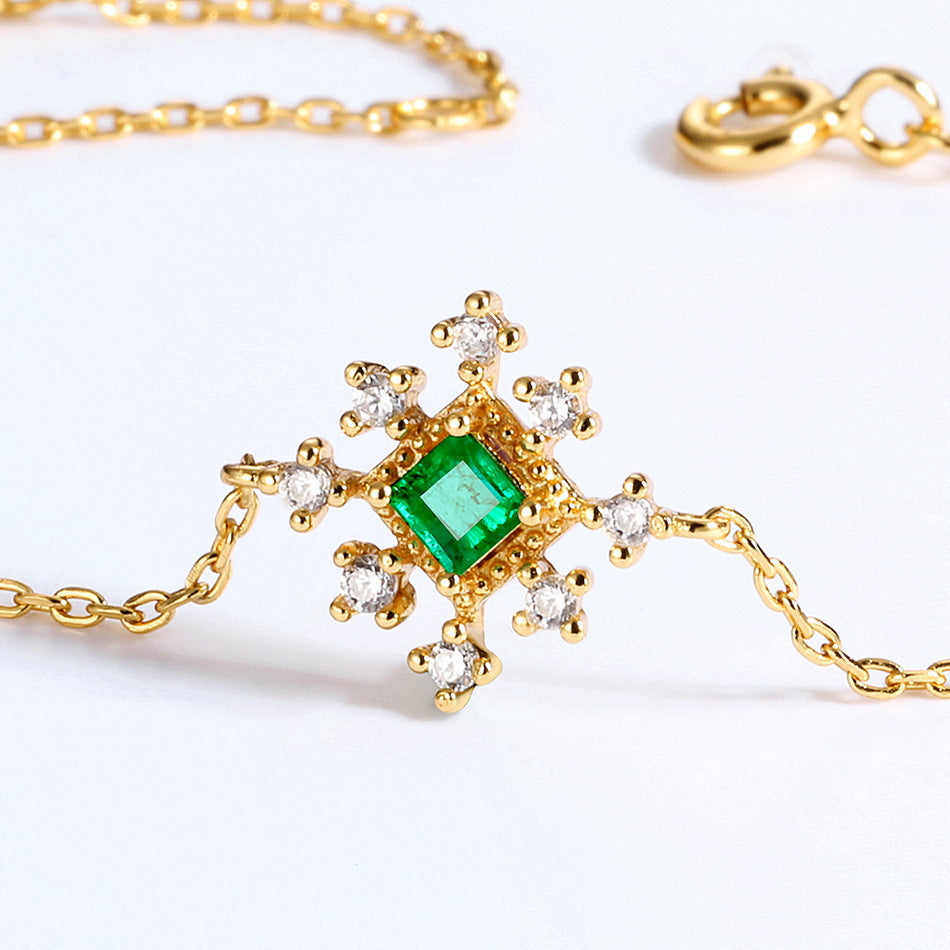 Square Emerald Zircon Snowflake Pearl Sterling Silver Bracelet