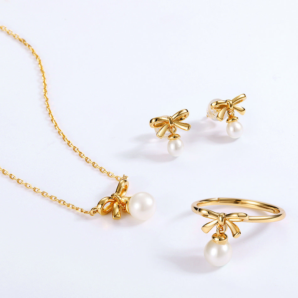 Polished Bowknot Round Pearl Pendant Sterling Silver Drop Earrings