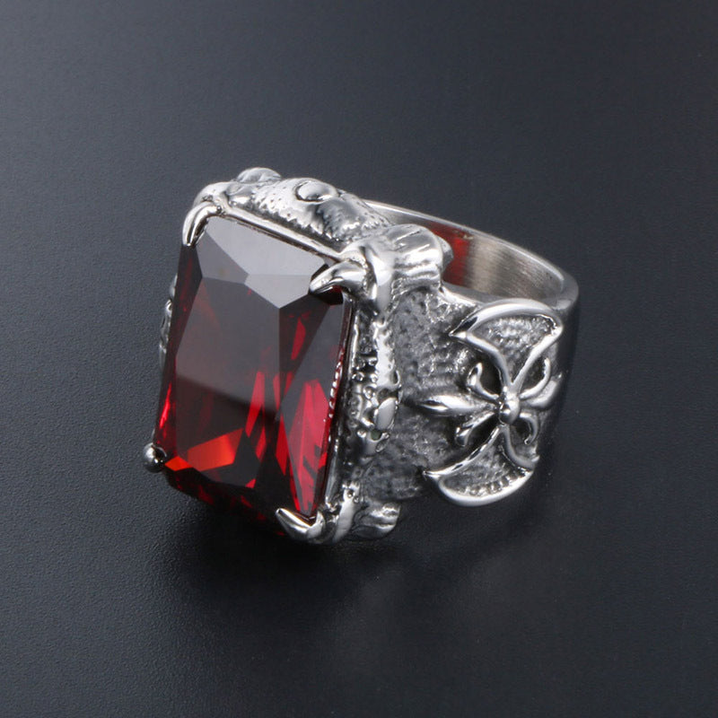 Titanium Steel Domineering Ring for Men with Red Zircon Inlay - European and American Fashion Jewelry