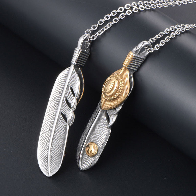 Retro Titanium Steel Feather Pendant Necklace for Men and Women - Simple Fashion Hipster Design from Japan and Korea