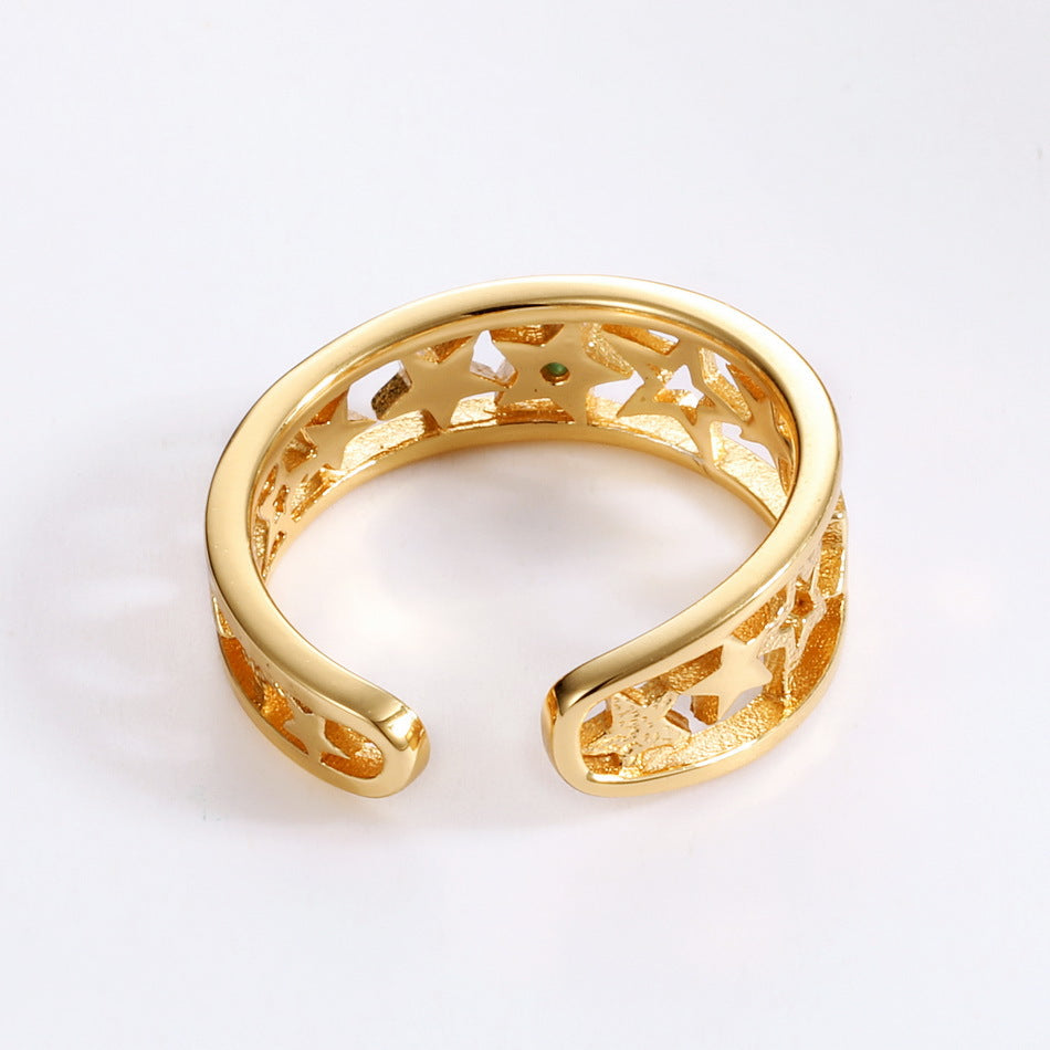 Five Pointed Star Green Zircon Hollow Opening Sterling Silver Ring