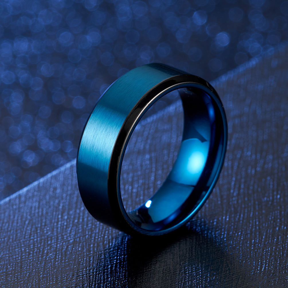 8mm Two-Tone Men's Ring – Matte Blue Stainless Steel Brushed