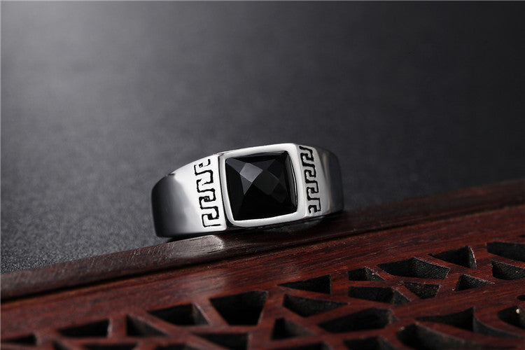 Planderful Titanium Steel Ring With Great Wall Pattern Black Stone Unisex Protection Statement For Men