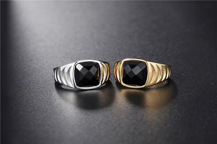 Planderful Unisex Black Stone Titanium Steel Ring for Men and Women with Protective Statement