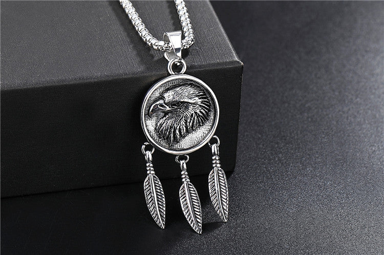 Planderful Feather Eagle Head Pendant Titanium Steel Necklace Unisex Protection Jewelry