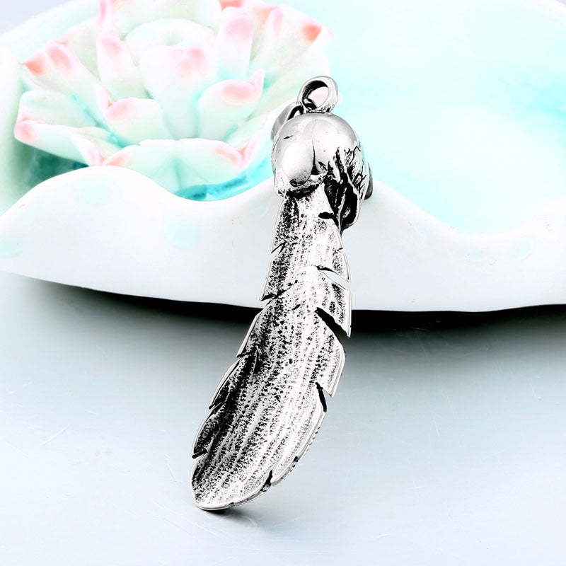 Trendy Titanium Steel Punk Skull Pendant with Big Feather for Men and Women
