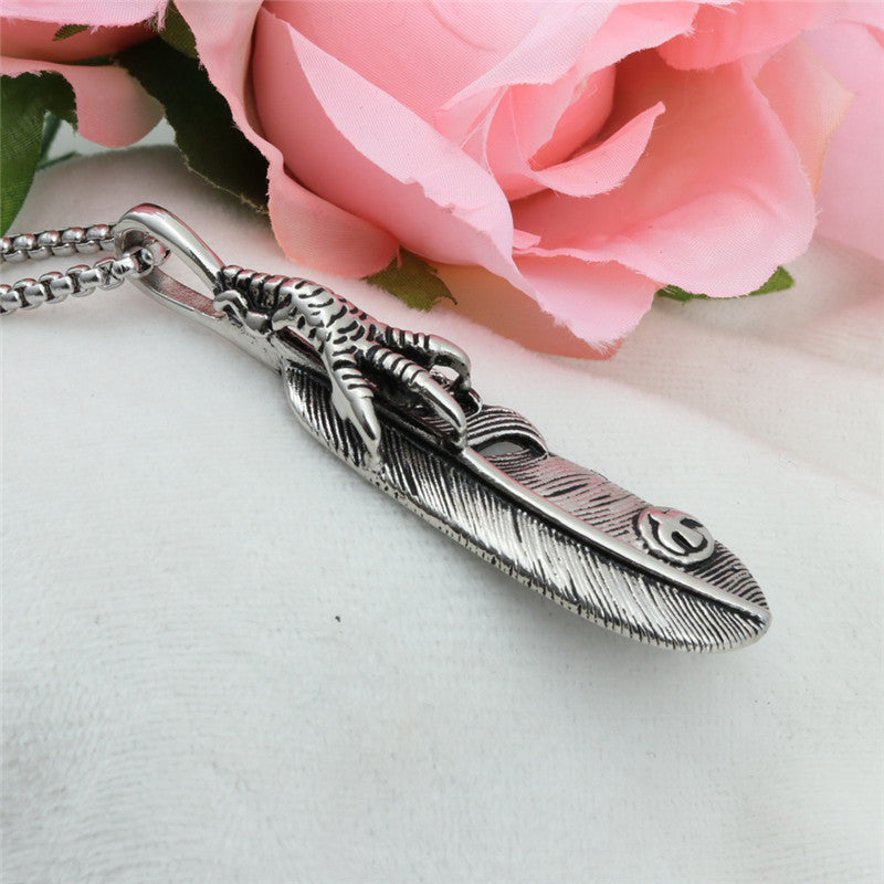 Stylish Titanium Steel Eagle Claw Feather Pendant Necklace for Men