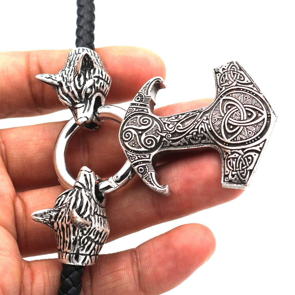 Viking Pirate Thor Hammer Wolf Head Pendant Necklace for Men