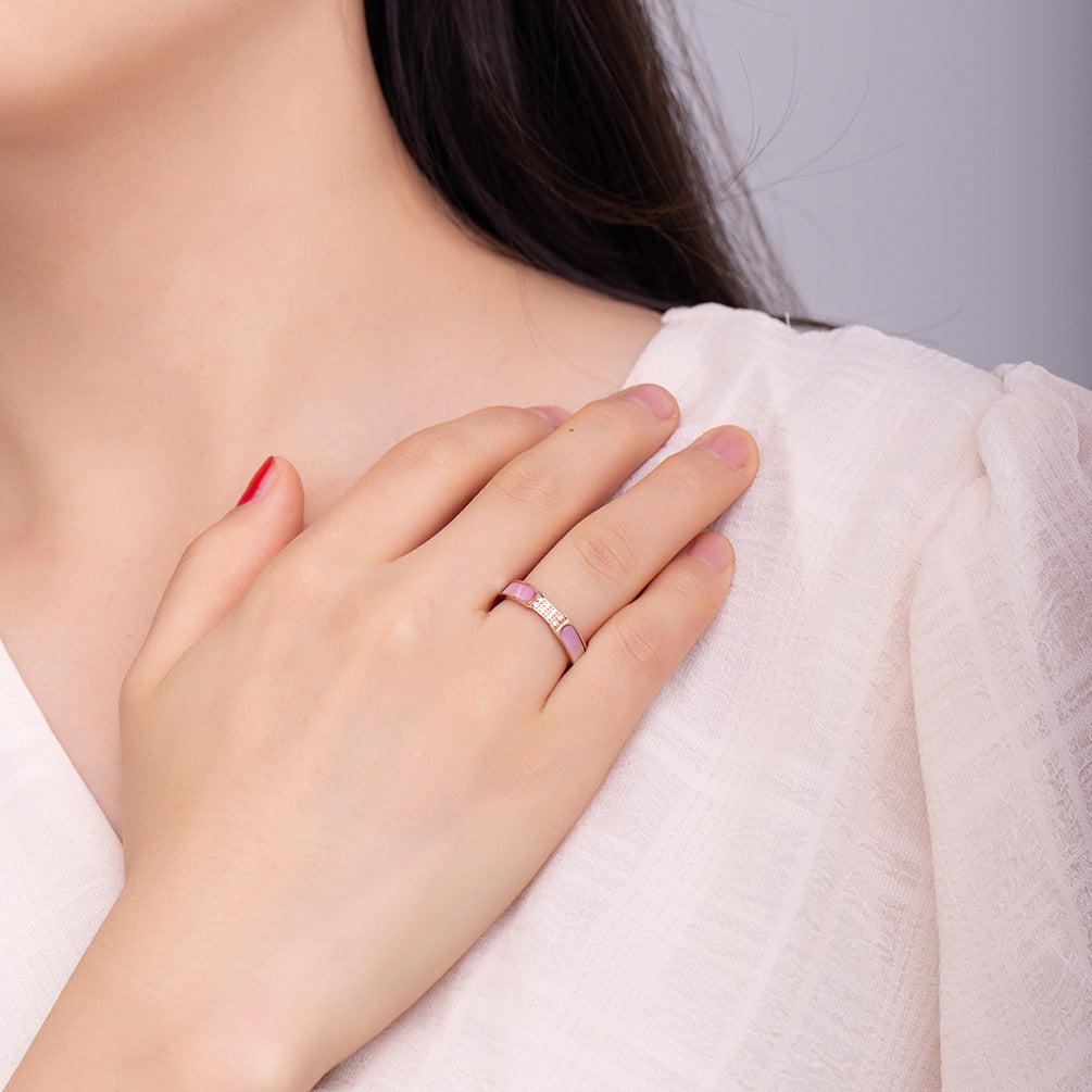 Korean Version of Temperament Muse Magazine Style Inlaid Pink Shell Women's Ring Rose Gold with Zircon Internet Celebrity Tail Ring