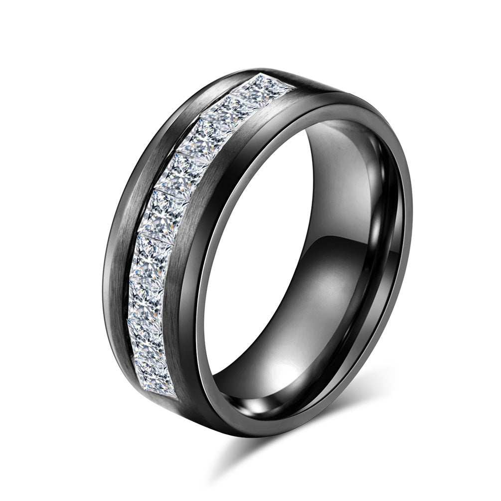 Stainless Steel 8mm Inner Arc Square Zircon Ring – Brushed Zircon Plated 18k
