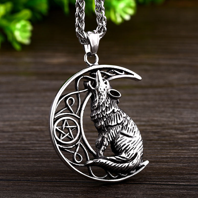 Men's Viking Moon Wolf Titanium Steel Pendant - Punk Jewelry for the Bold