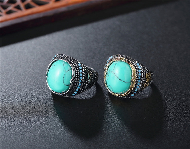 Planderful Turquoise Oval Titanium Steel Ring for Men and Women Unisex Vintage Punk Statement