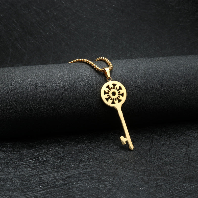 Trendy Titanium Steel Key Pendant Necklace with Full Zircon for Women - Stylish Gift from Planderful Collection