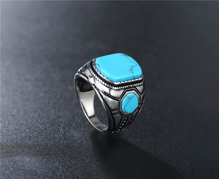 Planderful Turquoise Titanium Ring Unisex Retro Style Protection Statement Jewelry