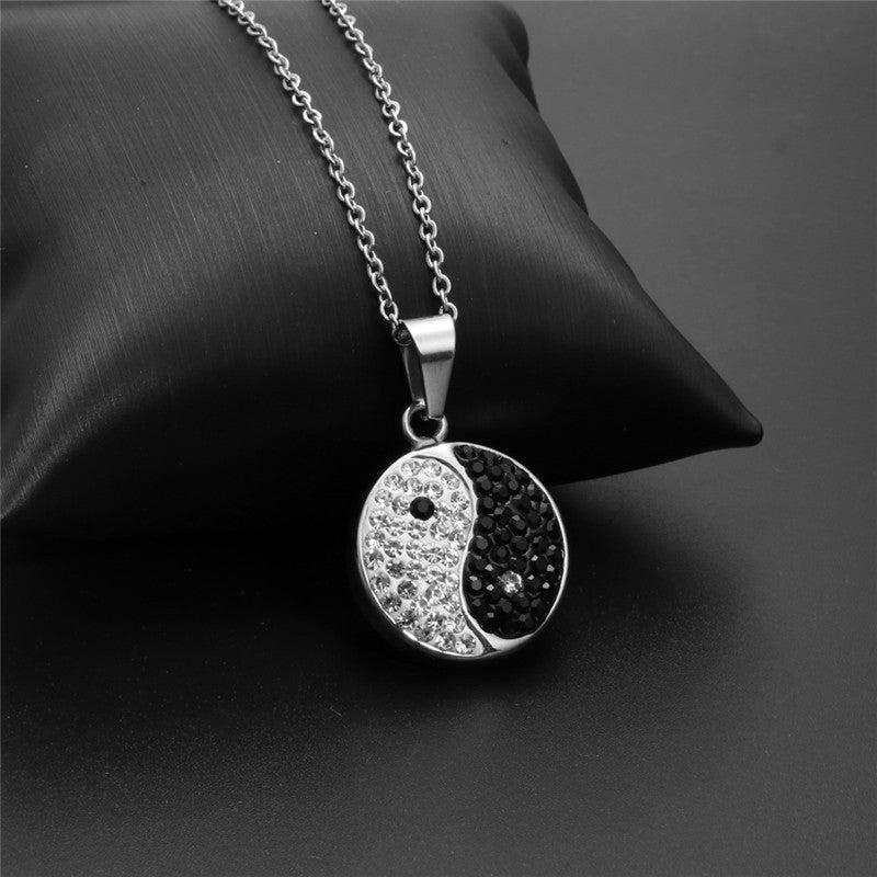 Trendy Titanium Steel Zircon Inlaid Round Pendant Necklace for Men and Women - Stainless Steel Bagua Design