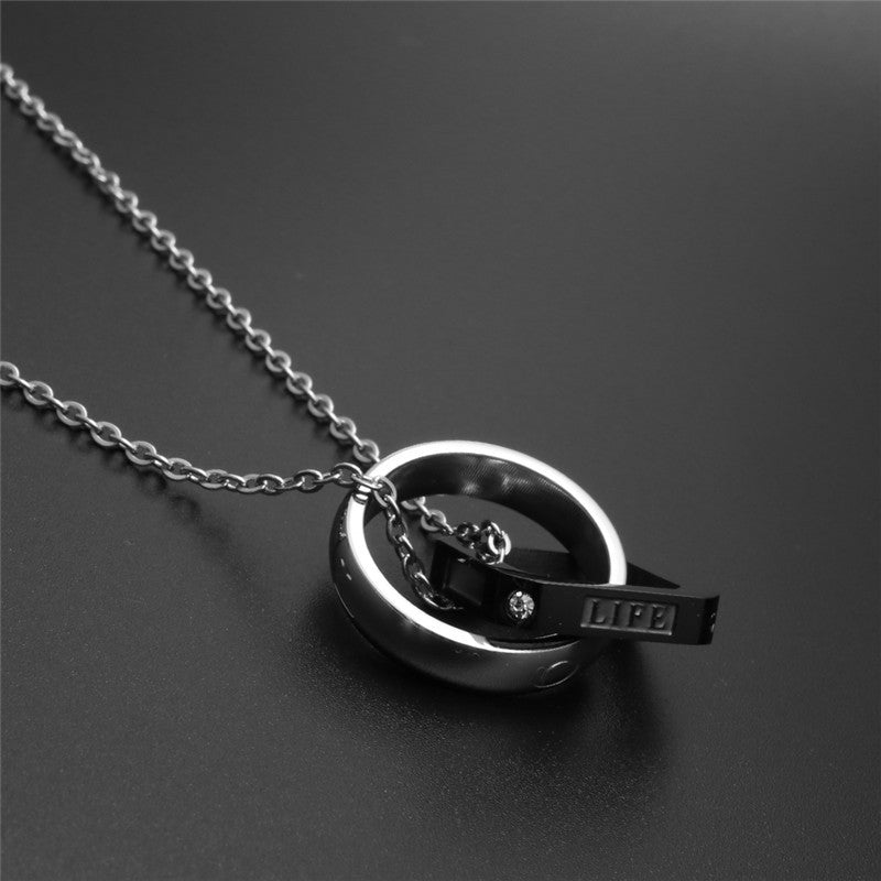 Trendy Titanium Steel Double Ring LOVE Pendant Necklace for Couples - Unisex Fashion Accessory