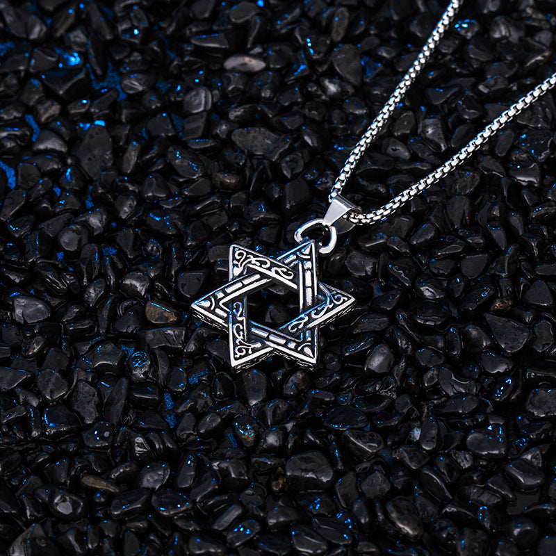 Steel Necklace - Vintage Men's Hexagram Pendant