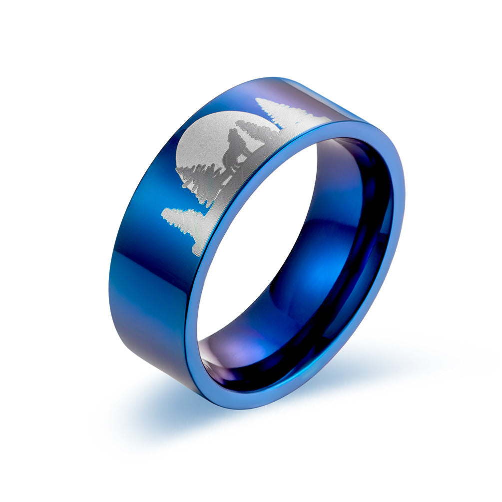 Lone Wolf Titanium Steel Ring Jewelry for Men at Night