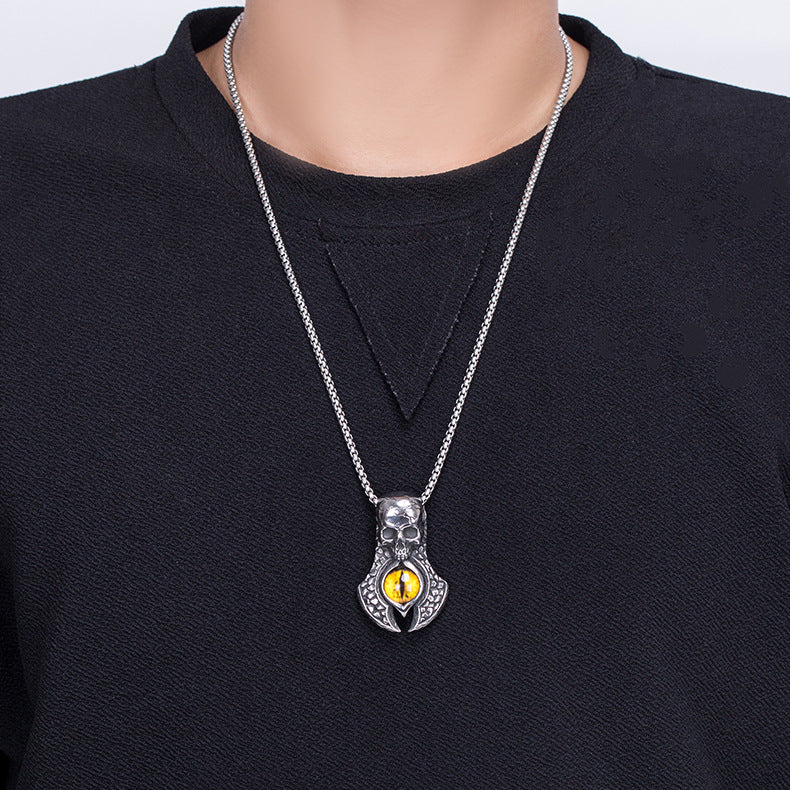 Steel Necklace – Vintage Men's Skull Pendant With Retro Hip Hop Style Devil's Eye Detail