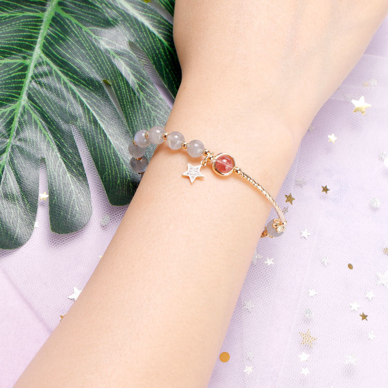 Sweet Strawberry Pink Crystal Bracelet with Sterling Silver Chain