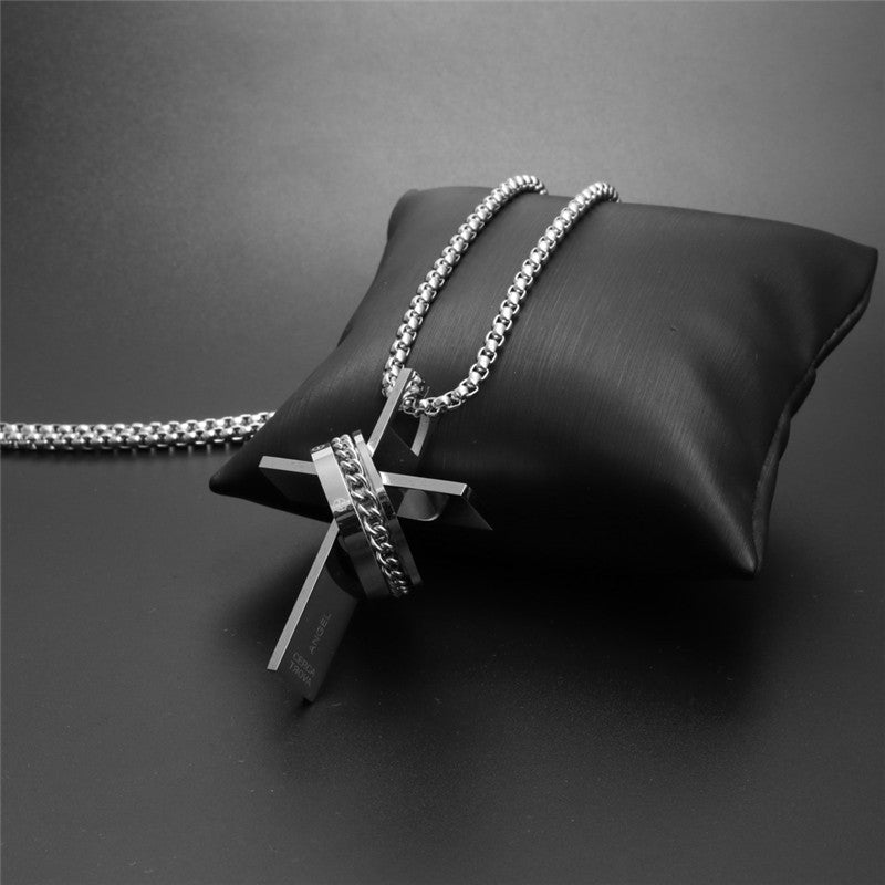 Titanium Steel Cross Pendant Necklace for Men - Stylish Holiday Gift with Stainless Steel Ring