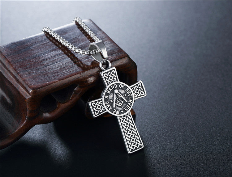 Planderful Masonic Cross Pendant Titanium Steel Necklace For Men Unisex Durable Protection Bold Retro Style