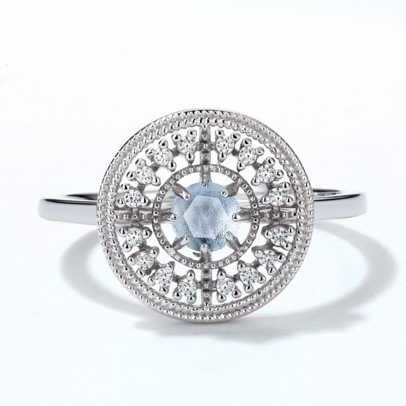 Zircon Disc Round Natural Blue Topaz Opening Sterling Silver Ring