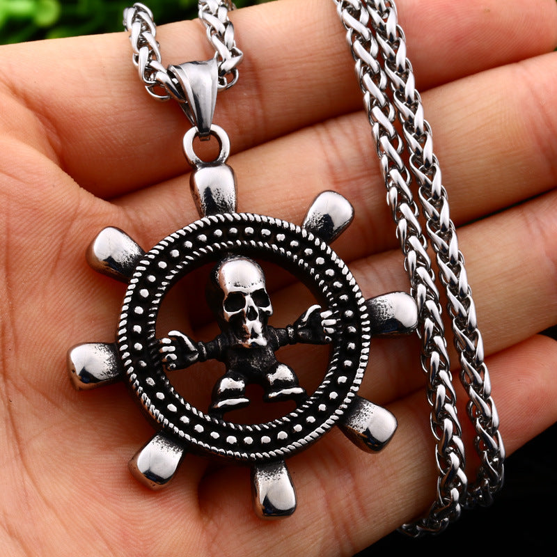 Custom Men's Skull Rudder Pendant in Titanium Steel - Retro Nautical Jewelry Wholesale