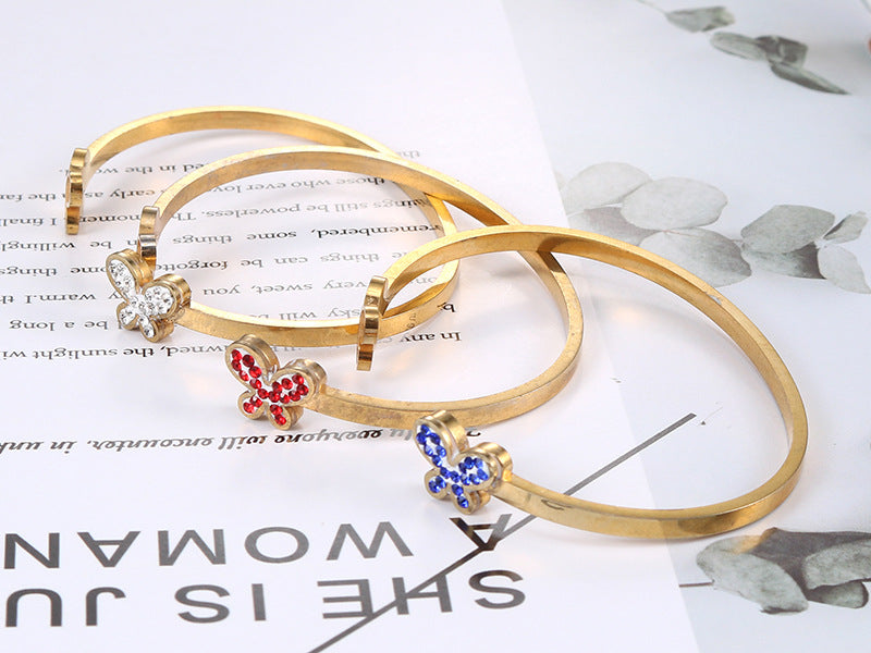 Chic Titanium Steel Butterfly-Design Bracelet for Women with Zircon Accents
