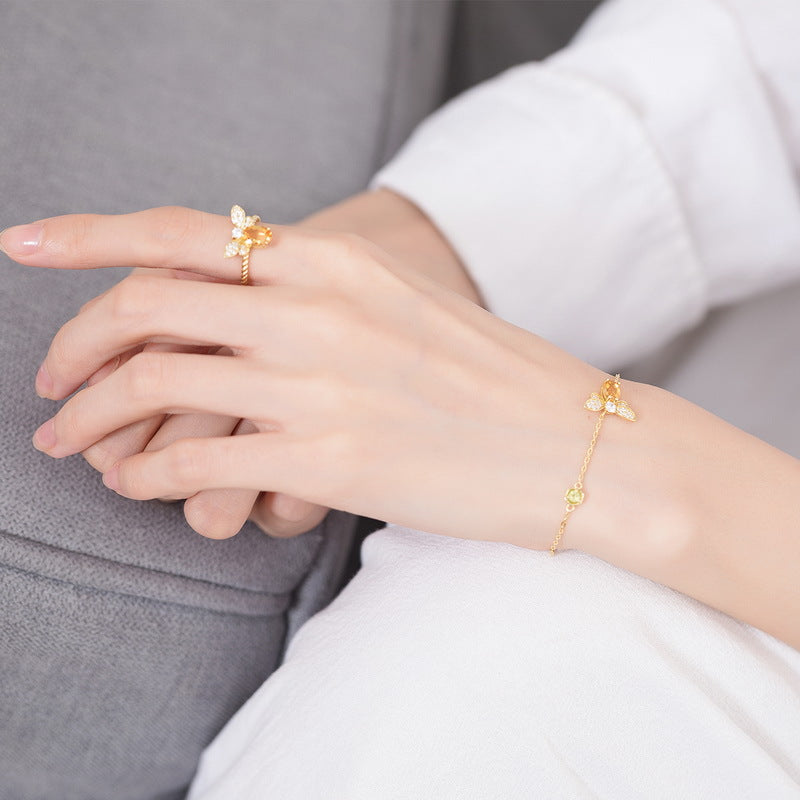 Oval Natural Yellow Crystal Little Bee Opening Sterling Silver Ring