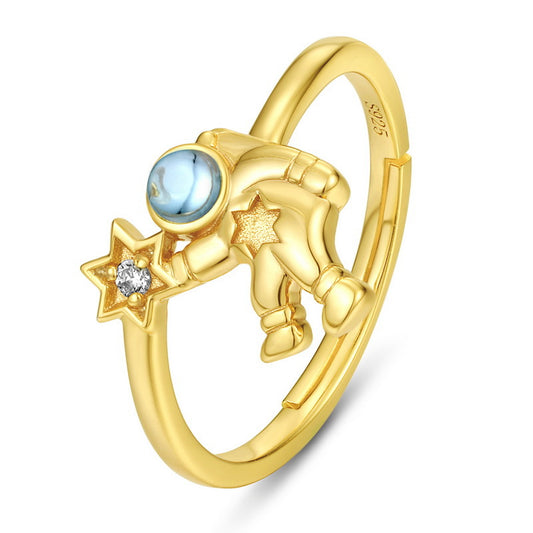 Natural Swiss Blue Topaz Astronaut Zircon Star Opening Sterling Silver Ring