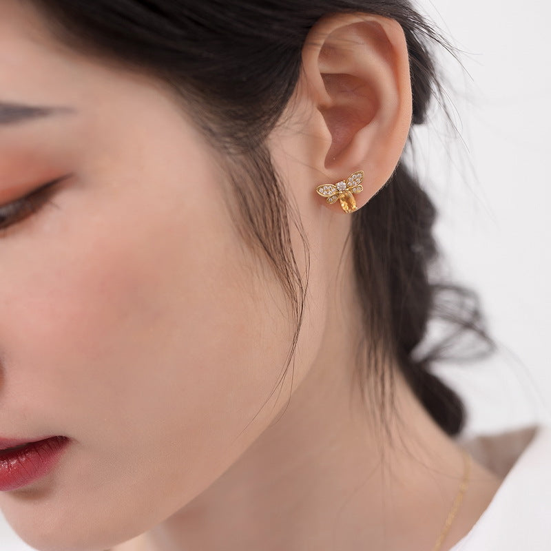Oval Natural Yellow Crystal Little Bee Sterling Silver Stud Earrings