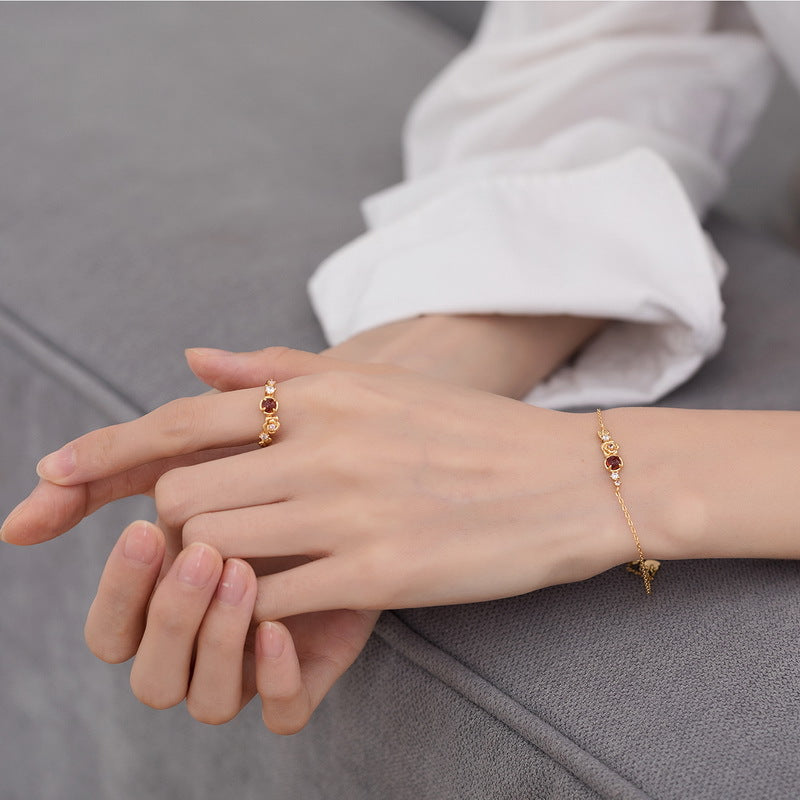 Round Red Garnet Rose Zircon Opeing Sterling Silver Ring