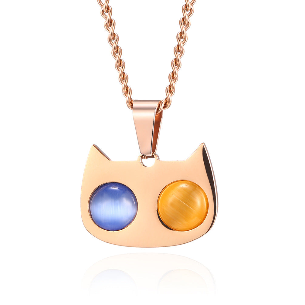 Titanium Steel Inlaid Cat's Eye Stone Cat Necklace Couple Pendant