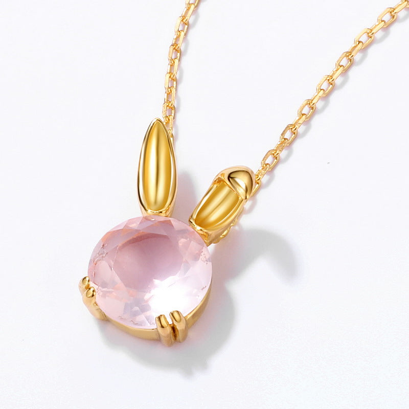 Round Cut Pink Crystal Bunny Silver Necklace